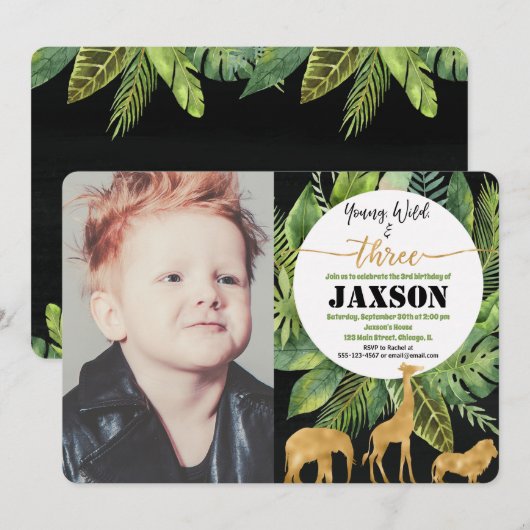 Junge Wildtiere und drei Jungen - Foto Einladung (Vorne/Hinten)