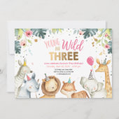 Junge Wildtiere und drei Safari-Girl-Tiere Geburts Einladung (Vorderseite)