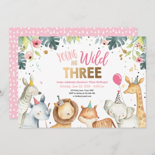 Junge Wildtiere und drei Safari-Girl-Tiere Geburts Einladung (Vorne/Hinten)