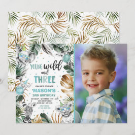 Junge Wildtiere und drei Safari-Jungtiere Party Einladung