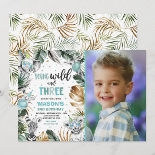 Junge Wildtiere und drei Safari-Jungtiere Party Einladung