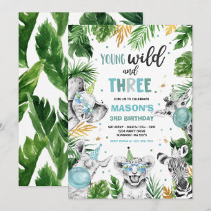 Junge Wildtiere und drei Safari-Jungtiere Party Einladung