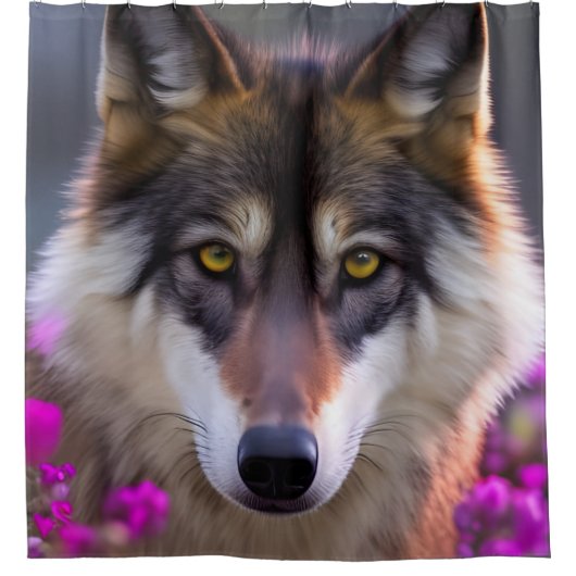 Junge Wolfe in fuchsienrosa Blume Duschvorhang (Vorderseite)