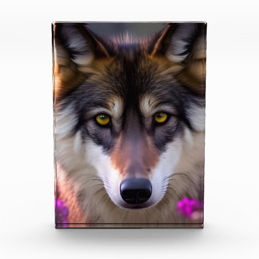 Junge Wolfe in fuchsienrosa Blume Fotoblock (Vorderseite)