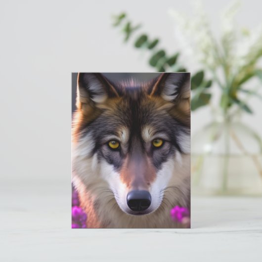 Junge Wolfe in fuchsienrosa Blume Postkarte (Stehend Vorderseite)
