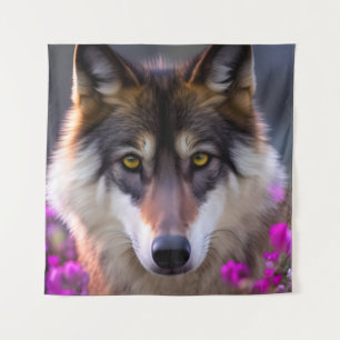 Junge Wolfe in fuchsienrosa Blume Wandteppich