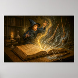 Junge Zauberer mit Illustration der Buchfantasie Poster