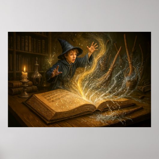 Junge Zauberer mit Illustration der Buchfantasie Poster (Vorne)