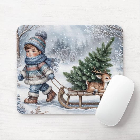 Junge zieht einen altmodischen Schlitten mit Baum Mousepad (Mit Mouse)