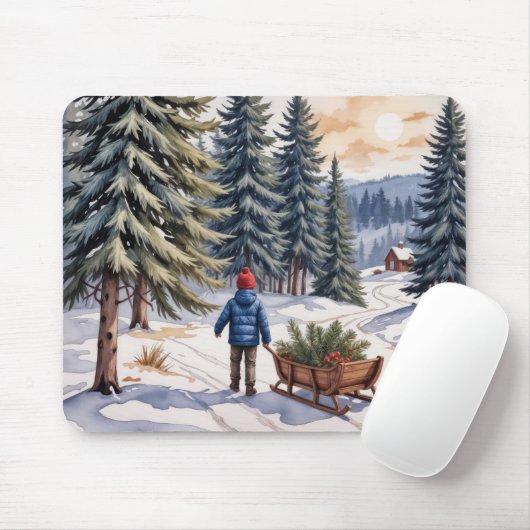 Junge zieht einen Schlitten mit Weihnachts-Tannen- Mousepad (Mit Mouse)