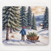 Junge zieht einen Schlitten mit Weihnachts-Tannen- Mousepad (Vorne)