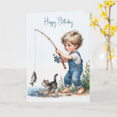 Junge zum Geburtstag mit Kitten fischen Karte (Gelbe Blume)