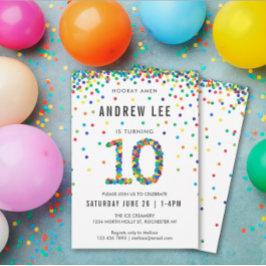 Jungen 10. Geburtstagsparty, primäre Farbkonfetti Einladung