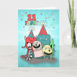 Jungen 11. Geburtstag Rot und Blau Cartoon Monster Karte