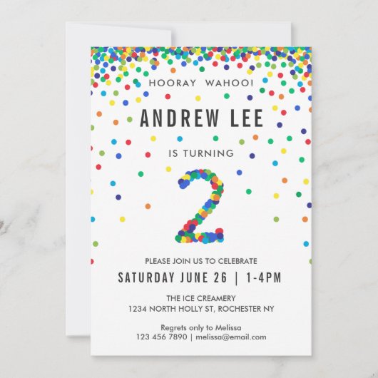 Jungen 2. Geburtstag Party, Primärfarbkonfetti Einladung (Vorderseite)