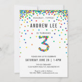 Jungen 3. Geburtstag Party, Primärfarbkonfetti Einladung (Vorderseite)