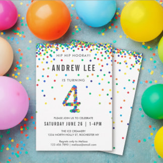 Jungen 4. Geburtstag Party, Primärfarbkonfetti Einladung