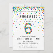 Jungen 6. Geburtstagsparty, primäre Farbkonfetti Einladung (Vorderseite)