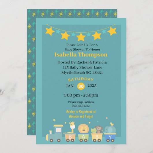 Jungen Aquamarin und Gelb Safari Train Baby Dusche Einladung (Vorne/Hinten)