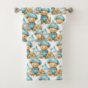 Jungen-Badetuch-Set   Blaue Teddybären   Badzeit Badhandtuch Set