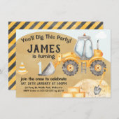 Jungen Bau Bagger 1. Geburtstag Einladung (Vorne/Hinten)