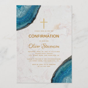 Jungen Bestätigung Blau Geode Achat Gold Kreuz Einladung