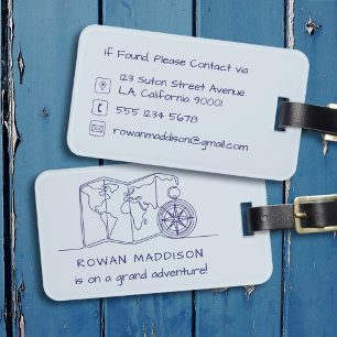 Jungen Blau Weltkarte & Kompass Linien Kunst Abent Gepäckanhänger