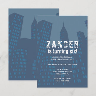 Jungen-Comic-Book-Skyline-Geburtstagseinladung Einladung