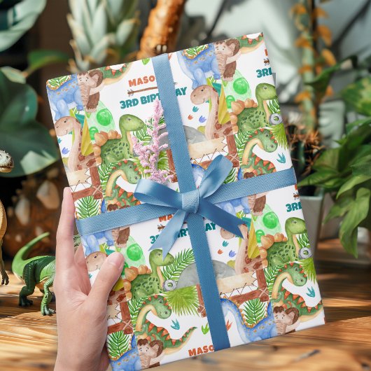Jungen-Dinosaurier 3. Geburtstagsfeier Geschenkpapier