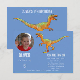 Jungen Dinosaurier Velociraptor 6. Geburtstagsfeie Einladung