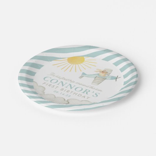 Jungen Erste Reise um das Sun Flugzeug 1. Geburtst Pappteller (Schrägansicht)