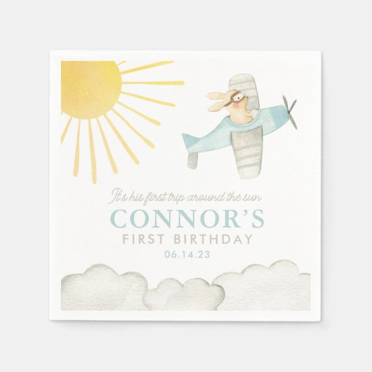 Jungen Erste Reise um das Sun Flugzeug 1. Geburtst Serviette (Vorderseite)