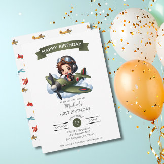 Jungen Erster Geburtstag Pilot Vintage Flugzeug Wo Einladung