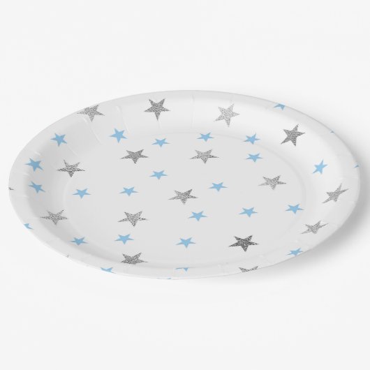 Jungen-Funkeln-Babypartydekor, blaues Silber Pappteller (Schrägansicht)