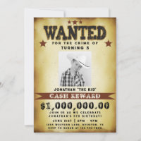 Jungen-Geburtstags-Wanted-Poster Cowboy-Einladung
