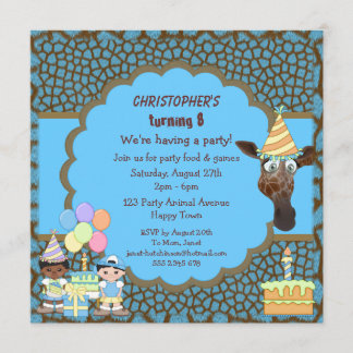 Jungen, Giraffen-u. Kuchen-Blau u. Browntierdruck Einladung