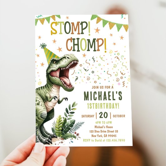 Jungen grüner Stomp Chomp Brüll-Dinosaurier 1. Geb Einladung