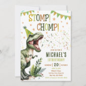 Jungen grüner Stomp Chomp Brüll-Dinosaurier 1. Geb Einladung (Vorderseite)