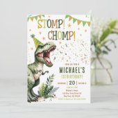 Jungen grüner Stomp Chomp Brüll-Dinosaurier 1. Geb Einladung (Stehend Vorderseite)