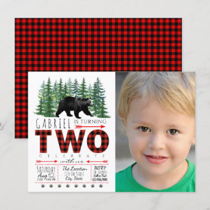 Jungen Holzfäller-Bär-Foto-Einladung zum 2. Geburt Einladung