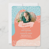 Jungen in Orange und Blue Waves mit Foto-Taufe Einladung (Vorderseite)