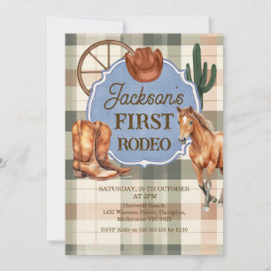 Jungen Karo Grün Braun Erste Rodeo 1. Geburtstag Einladung