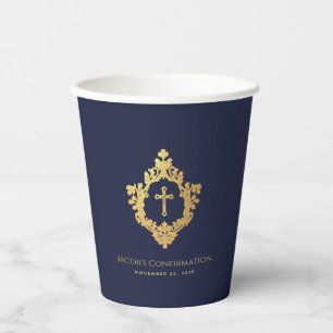 Jungen Konfirmation Navy Blau Wappen Kreuz Faux Go Pappbecher