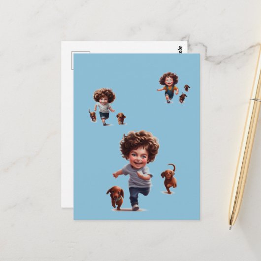 Jungen laufen mit Dackeln Postkarte (Vorderseite/Rückseite Beispiel)