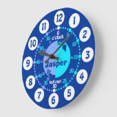 Jungen lernen, die Zeit mit blauer Bezeichnung Uhr (Winkel)