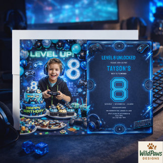 Jungen Modern Cool Blau Gaming 8. Geburtstagsfeier Einladung