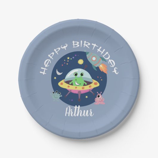 Jungen Niedlich Blue Space Alien Galaxy Geburtstag Pappteller (Vorderseite)