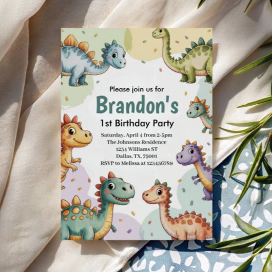 Jungen Niedlich Dinosaurier 1. Geburtstag Einladung