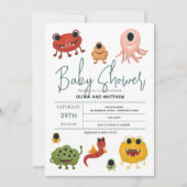 Jungen Niedlich moderne, farbenfrohe Monster Baby  Einladung (Vorderseite)