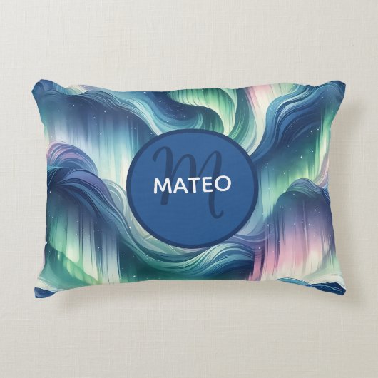 Jungen Niedlich Monogramm, Nordlichtgalaxie, Kinde Dekokissen (Vorderseite)